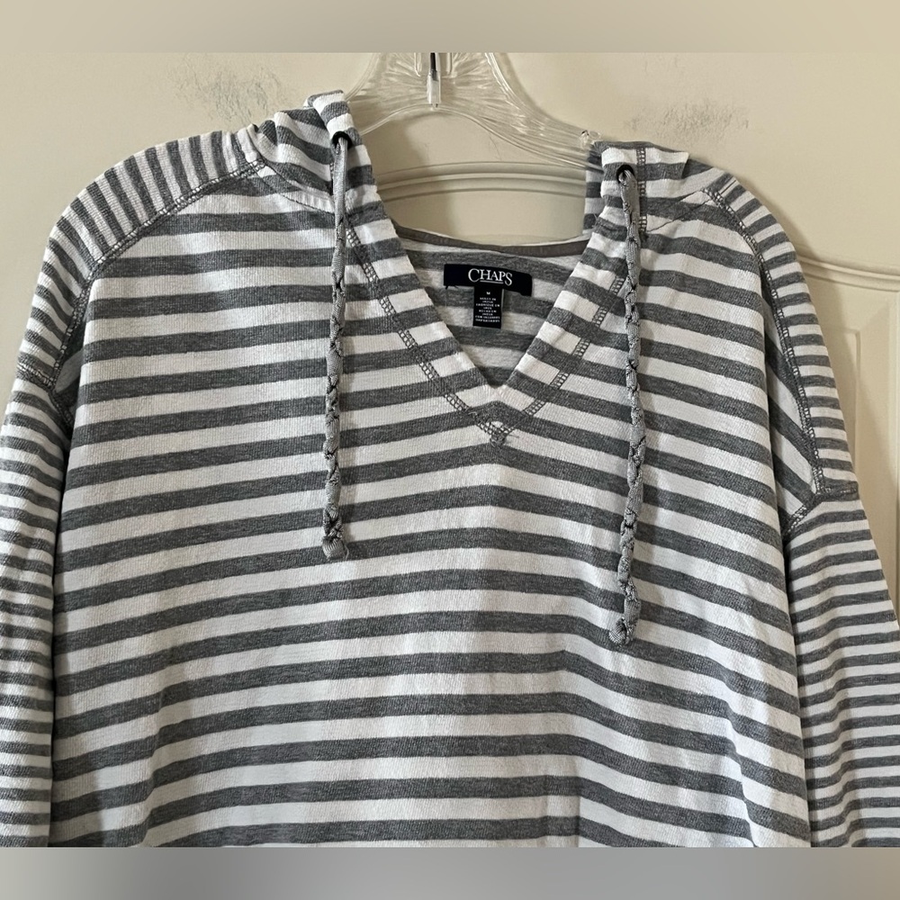 Chaps Gray and White Striped Cotton Hoodie Women’s Size Medium - Picture 10 of 16